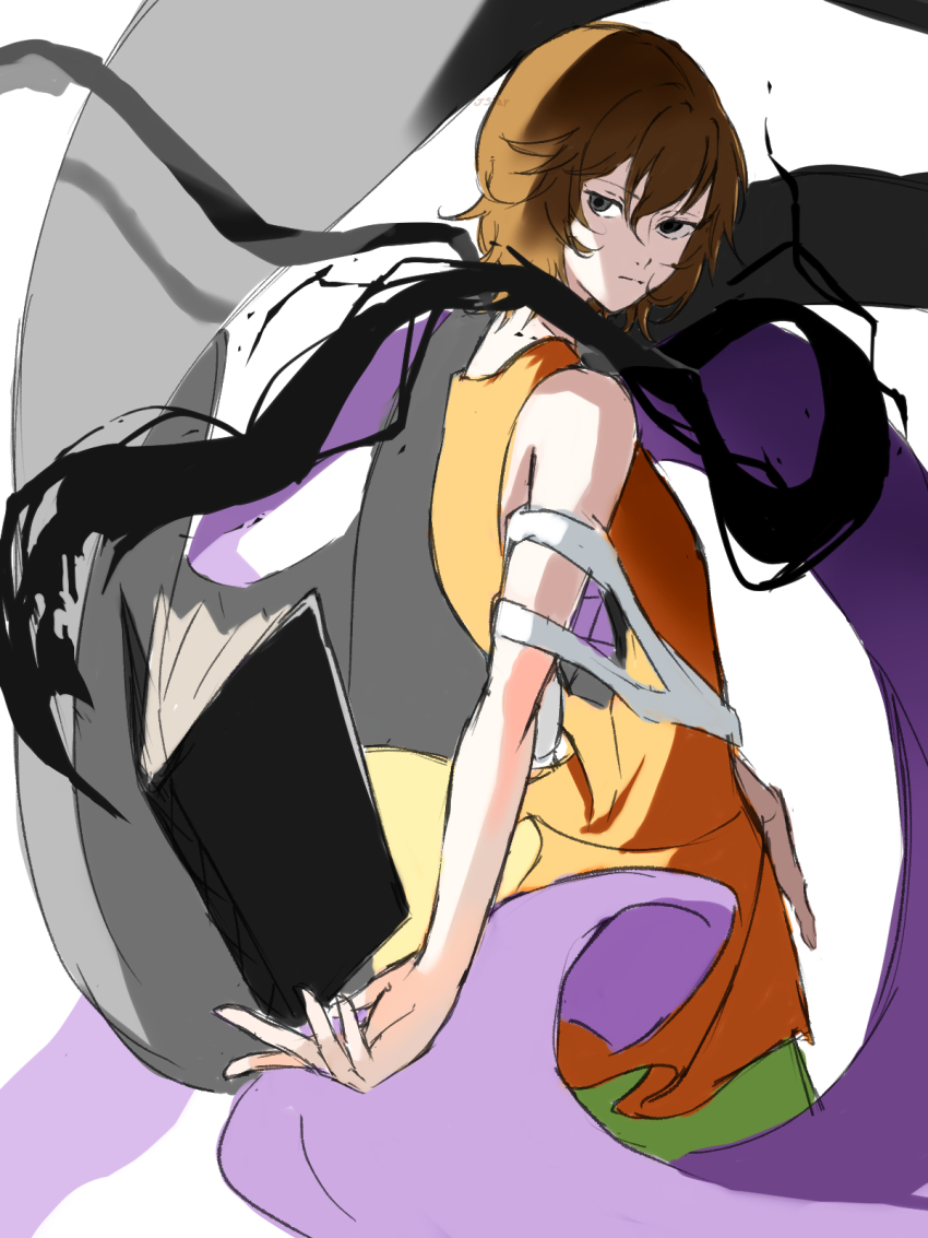 1other androgynous bare_arms bare_shoulders benny_(len&#039;en) black_cape book brown_hair cape closed_mouth cowboy_shot expressionless floating_clothes green_shorts grey_eyes hair_between_eyes highres jacket kuzu_suzumi len&#039;en looking_at_viewer looking_back object_floating_above_hand orange_jacket other_focus purple_scarf scarf short_hair shorts sleeveless sleeveless_jacket solo unworn_scarf white_background yoni.