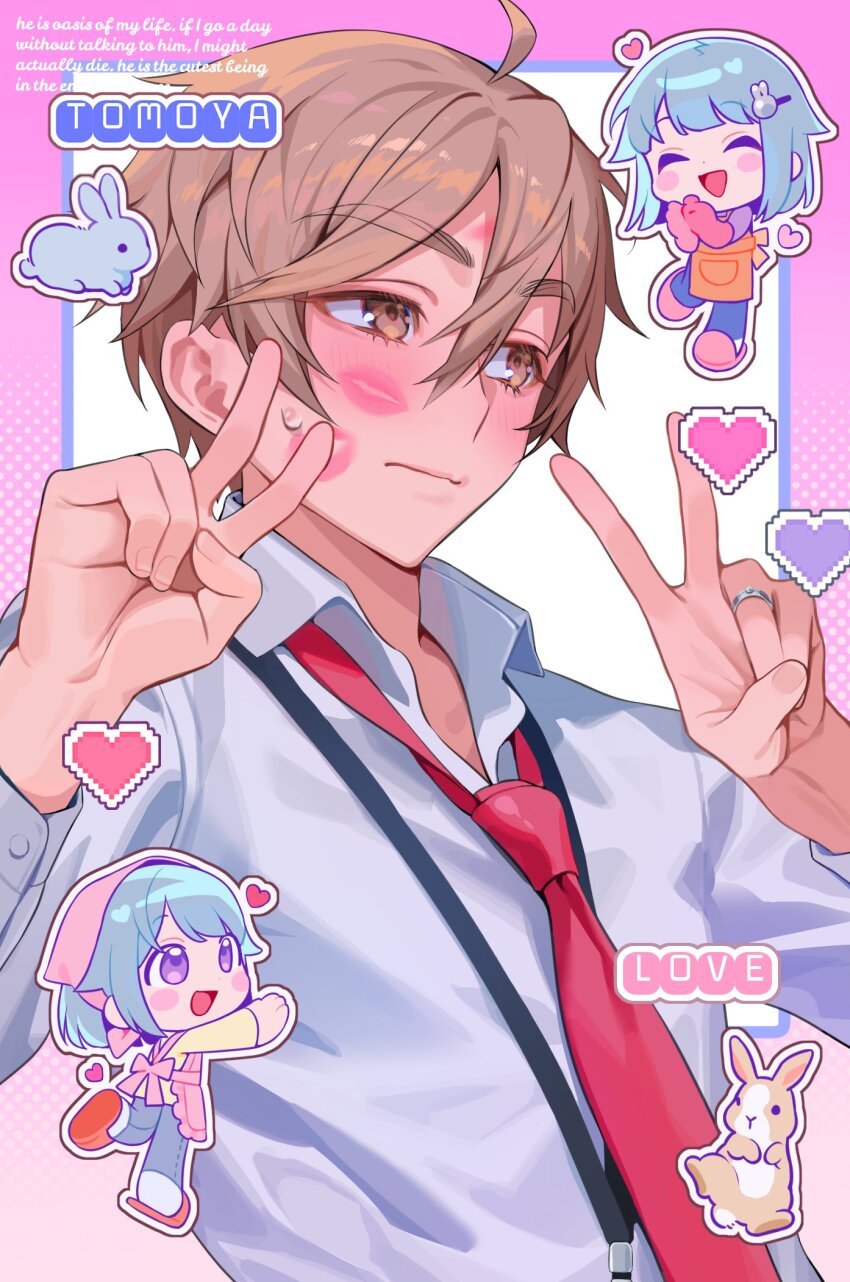 2boys :d ^_^ apron b_zebuk blue_hair blunt_bangs blush_stickers brown_eyes brown_hair character_name chibi closed_eyes collared_shirt double-parted_bangs double_v embarrassed ensemble_stars! foot_up hair_ornament hair_wings hairclip heart highres housewife jewelry lanyard lipstick_mark long_sleeves looking_to_the_side male_focus mashiro_tomoya medium_hair multiple_boys necktie open_mouth pixel_heart rabbit red_necktie ring shino_hajime shirt short_hair slippers smile sweatdrop tenugui thick_eyebrows upper_body v wedding_ring white_shirt yaoi