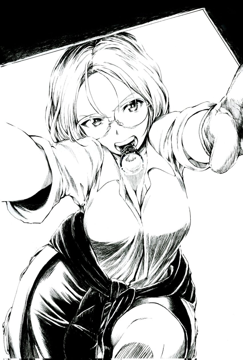 character_request clothes_around_waist copyright_request flashlight glasses gloves highres leaning looking_at_viewer medium_hair monochrome mouth_hold outstretched_arms sawamin shirt tsurime