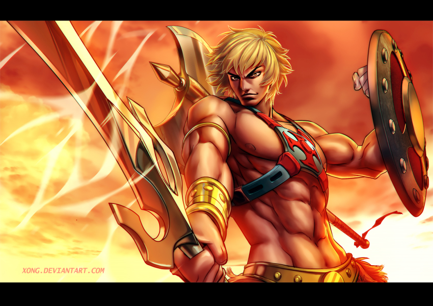 1boy abs animification axe barbarian belt bishounen blonde_hair cloud dusk energy fantasy fire he-man letterboxed looking_at_viewer masters_of_the_universe muscular shield signature smirk sword sword_of_power tan vest weapon xong