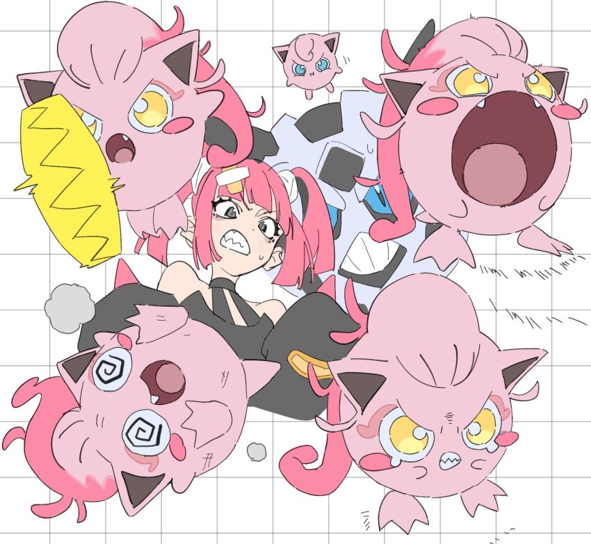 1girl @_@ black_eyes black_shirt blue_eyes coral_(pokemon) dizzy eyelashes fang fangs game_freak gen_1_pokemon gen_3_pokemon glalie hair_ornament highres himuro_yukichiko horns jigglypuff long_sleeves looking_at_viewer navel nintendo off_shoulder open_mouth pink_hair pokemon pokemon_(anime) pokemon_(creature) pokemon_horizons scream_tail shirt sleeves_past_fingers sleeves_past_wrists sweatdrop tears teeth tongue twintails yellow_eyes