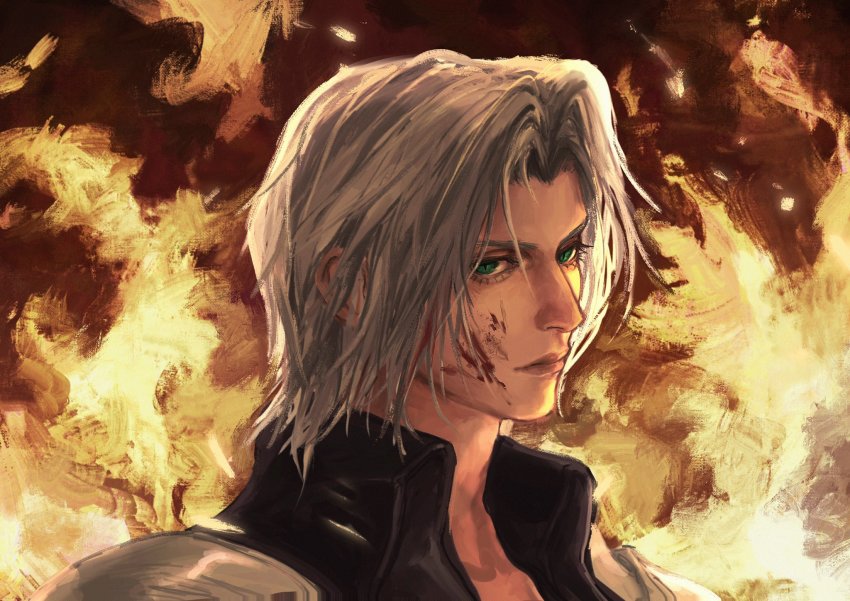 1boy aged_down aqua_eyes armor backlighting black_jacket blood blood_on_face closed_mouth embers final_fantasy final_fantasy_vii final_fantasy_vii_ever_crisis final_fantasy_vii_remake fire green_hair high_collar highres jacket parted_bangs sephiroth short_hair shoulder_armor solo square_enix tyt_tham upper_body