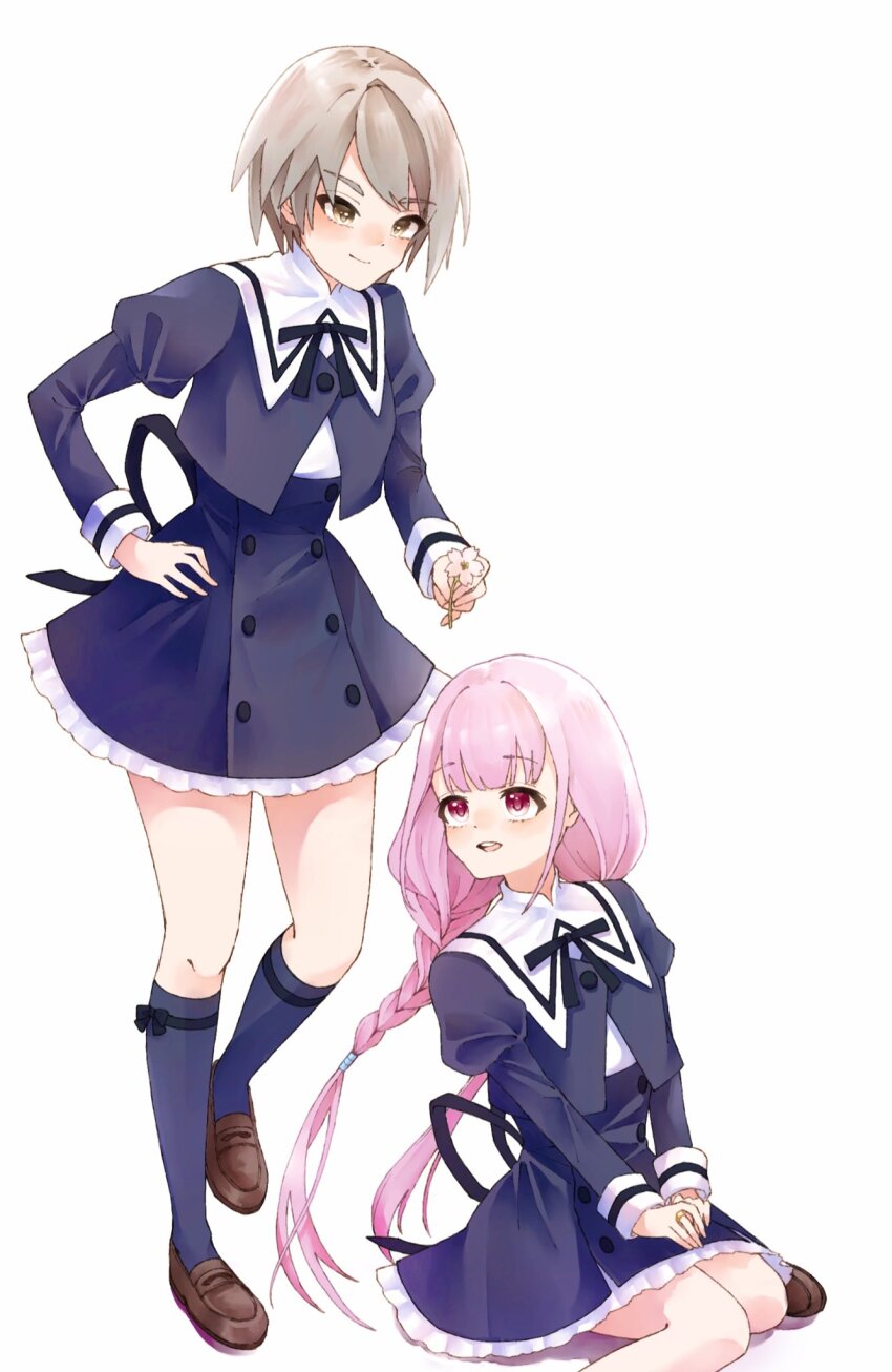 2girls amahara_nue assault_lily black_bow black_ribbon black_socks blunt_bangs bow braid brown_footwear buttons closed_mouth commentary_request cropped_jacket flower frilled_skirt frills grey_hair hand_in_own_hair hands_on_lap heel_up high-waist_skirt highres hitotsuyanagi_yuri holding holding_flower jewelry juliet_sleeves kawazoe_misuzu kneehighs loafers long_hair long_sleeves looking_at_another looking_back looking_down looking_up low_twin_braids low_twintails miniskirt multiple_girls neck_ribbon own_hands_together parted_lips pink_eyes puffy_sleeves purple_hair ribbon ring school_uniform shirt shoes short_hair simple_background sitting skirt smile socks standing swept_bangs teeth twin_braids twintails upper_teeth_only very_long_hair wariza white_background white_flower white_shirt yellow_eyes yurigaoka_girls_academy_school_uniform