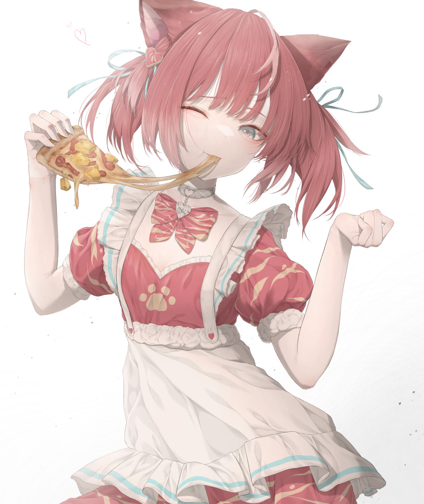 absurdres akami_karubi animal_ears bow bowtie cat_ears cheese cheese_trail collar eating food hair_between_eyes hair_ornament hair_ribbon hawaiian_pizza highres holding holding_food holding_pizza indie_virtual_youtuber one_eye_closed paw_print pineapple_on_pizza pizza red_hair ribbon short_hair short_sleeves tqg_07 virtual_youtuber white_background wrists_extended