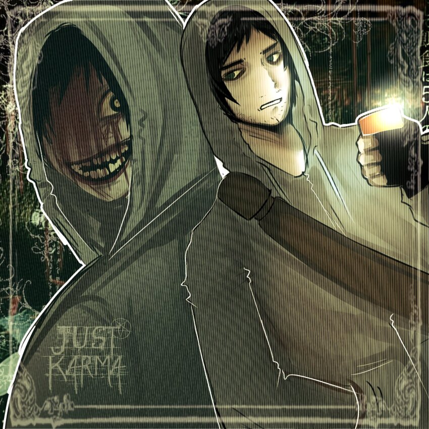 2boys beard_stubble black_gloves black_hair blood blood_from_forehead blood_on_face border clenched_teeth crazy_grin cry_of_fear dual_persona facial_hair fingerless_gloves gloves grey_hoodie hand_in_pocket highres holding holding_phone hood hood_up hoodie just_karmx limited_palette looking_at_another male_focus multiple_boys ornate_border phone short_hair side-eyed simon_henriksson simon_henriksson_(book) stubble taking_picture teeth upper_body