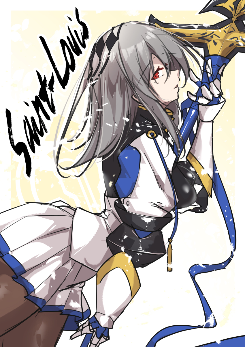 absurdres azur_lane black_pantyhose character_name cross from_side gauntlets grey_hair highres holding holding_staff long_hair looking_at_viewer looking_to_the_side mole mole_under_eye oriue_wato pantyhose pleated_skirt red_eyes saint-louis_(azur_lane) sketch skirt staff white_skirt