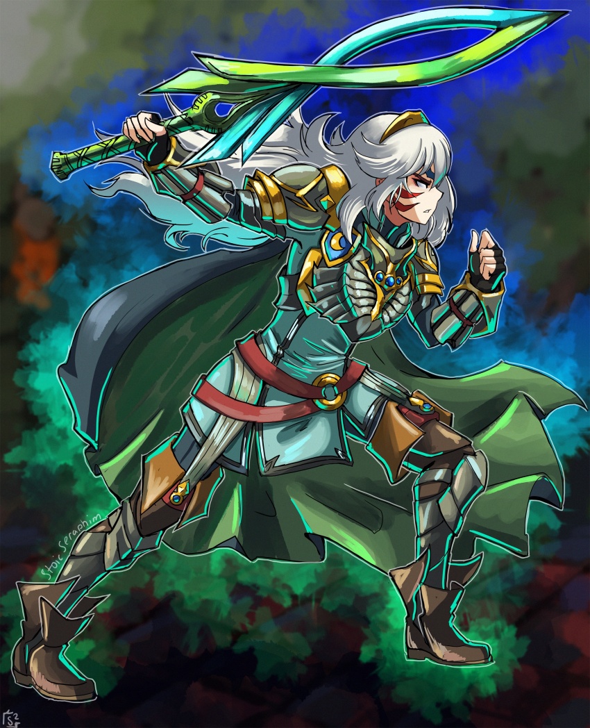 absurdres alternate_costume alternate_eye_color alternate_hair_color armor aura blue_gemstone breastplate cape chest_jewel company_connection corruption crescent crescent_moon_print crescent_moon_symbol crescent_print crossover dark_persona double_helix facial_mark facial_tattoo falchion_(fire_emblem) falchion_(weapon) fierce_deity fingerless_gloves fire_emblem fire_emblem_awakening gem gloves glowing hal_laboratory highres holding holding_sword holding_weapon intelligent_systems long_hair looking_to_the_side lucina_(fire_emblem) nintendo no_pupils pauldrons possessed possession shoulder_armor standing stoic_seraphim super_smash_bros. sword tattoo the_legend_of_zelda the_legend_of_zelda:_majora&#039;s_mask tiara weapon white_eyes white_hair