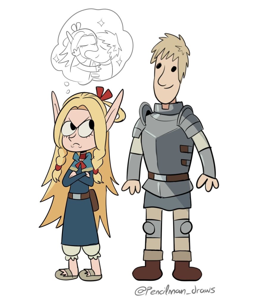 1boy 1girl armor blonde_hair braid choker closed_eyes crossed_arms dress dungeon_meshi elf elf_comic french_kiss frown highres imagining kiss laios_touden long_hair long_sleeves marcille_donato meme parody pencilman_draws plate_armor pointy_ears robe short_hair simple_background smile style_parody thinking white_background yoshi_and_toad_kissing_(meme)