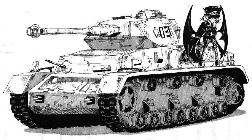 1girl absurdres alternate_costume closed_mouth commentary deburi276 full_body hands_on_own_face hat highres looking_at_viewer military_uniform military_vehicle monochrome motor_vehicle peaked_cap remilia_scarlet short_hair simple_background sitting sketch solo tank touhou