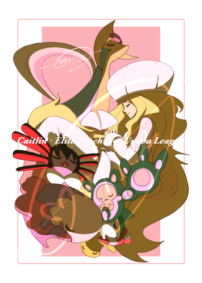 1girl absurdres blonde_hair border caitlin_(pokemon) cccacademia character_name chingling closed_eyes closed_mouth cresselia dress gallade gen_4_pokemon gen_5_pokemon gothitelle hat highres legendary_pokemon long_hair mixed-language_commentary musharna nintendo pink_background pokemon pokemon_(creature) pokemon_bw reuniclus sidelocks signature very_long_hair white_border white_dress white_hat