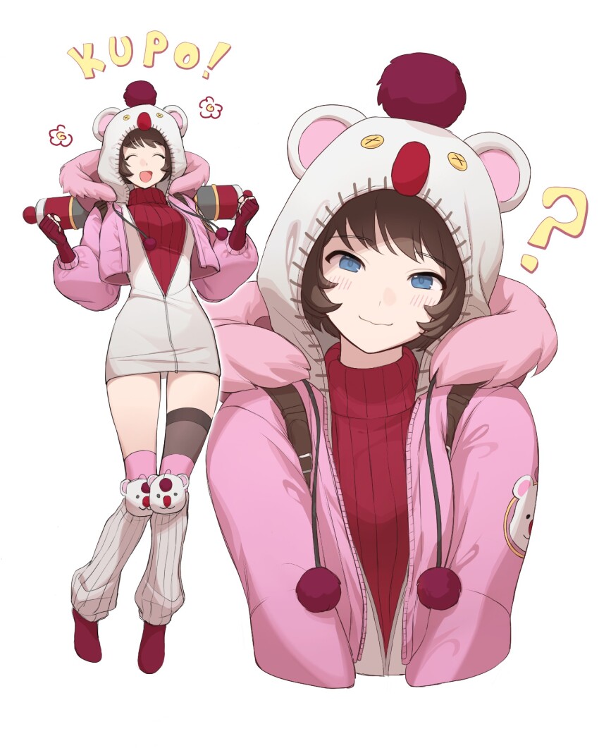 1girl ? apex_legends bad_bluesky_id bad_id blue_eyes blush brown_hair closed_eyes closed_mouth commentary cosplay cropped_torso english_commentary english_text final_fantasy final_fantasy_vii final_fantasy_vii_rebirth final_fantasy_vii_remake fingerless_gloves flower_symbol full_body gloves hands_up happy highres hood hood_down hood_up hooded_jacket hoodie jacket kneehighs kupo_power_wattson looking_at_viewer moogle moogle_(cosplay) multiple_views official_alternate_costume open_mouth pink_hoodie pink_jacket red_footwear red_sweater short_hair simple_background single_thighhigh smile socks sweater thighhighs wattson_(apex_legends) white_background white_hoodie white_socks yan_(s2_yan)