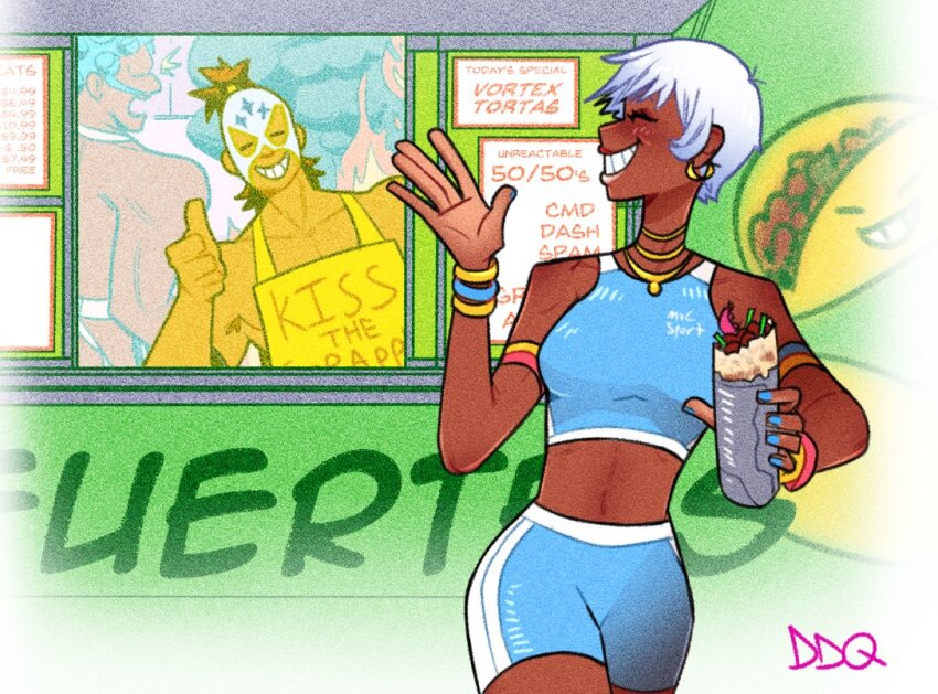 1girl 2boys apron armlet bike_shorts blue_nails blue_shorts blue_sports_bra bracelet closed_eyes dark-skinned_female dark_skin demidevilqueen earrings el_fuerte elena_(street_fighter) food food_truck grin hakan holding holding_food initial jewelry multiple_boys necklace short_hair shorts smile sports_bra street_fighter thumbs_up white_hair yellow_apron