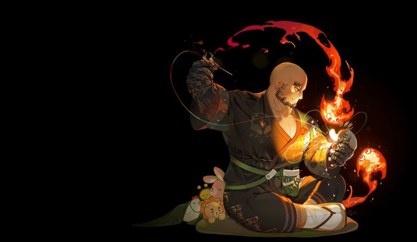 black_background facial_hair fire glowing japanese_clothes kiekoio kimono prometheus_(housamo) radiant rainbow sewing sitting sleeping stuffed_animal stuffed_toy tokyo_houkago_summoners yukata