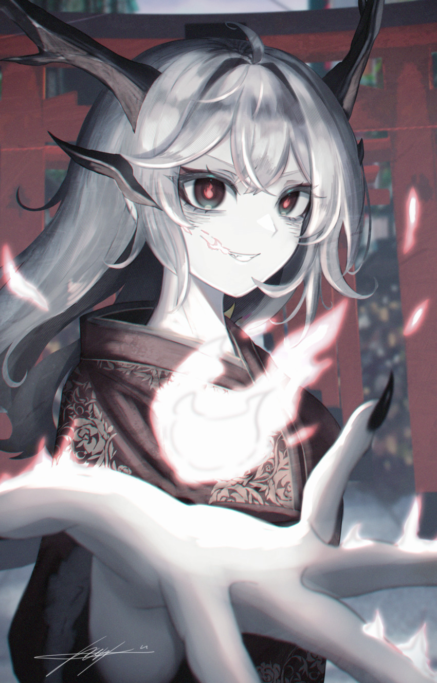 1girl absurdres dragon_girl dragon_horns embers fire flaming_eyes flaming_mouth grey_hair happy_new_year highres horns japanese_clothes kimono long_hair new_year original signature sutorobo72 torii