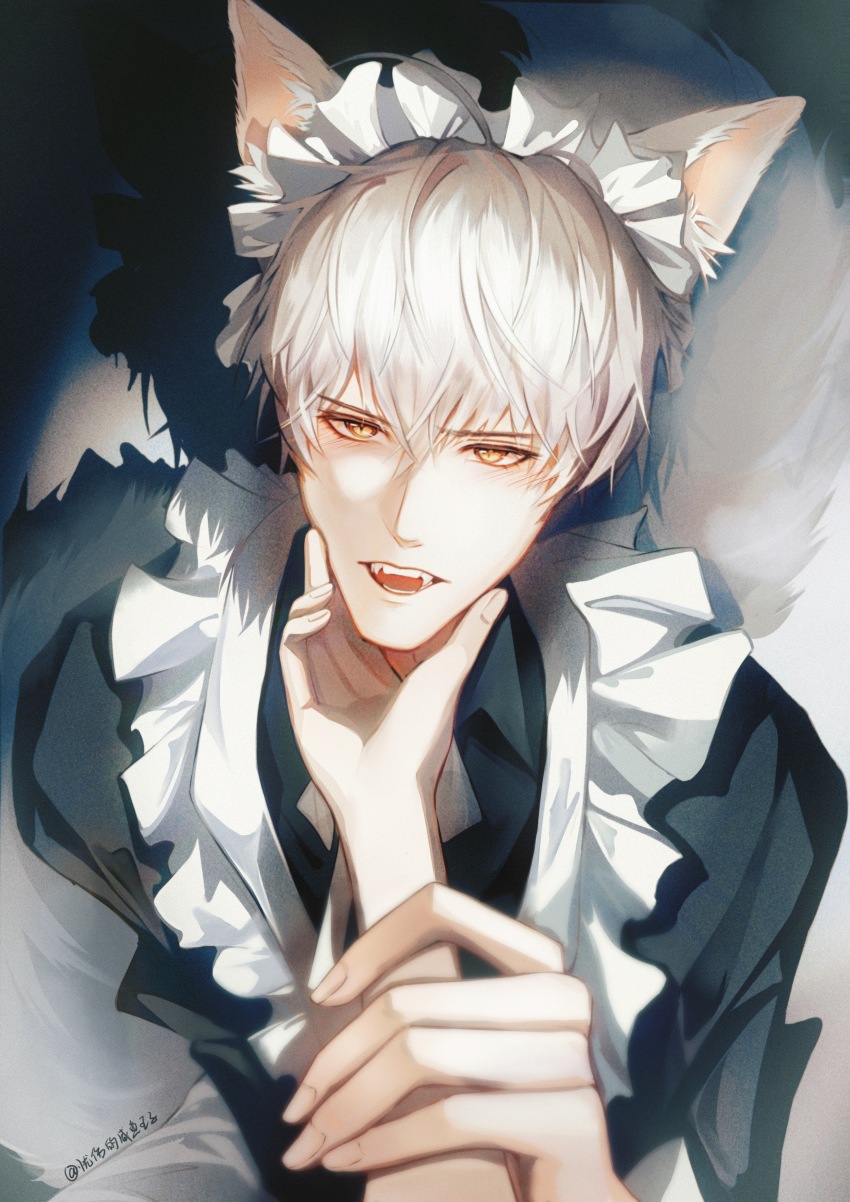 1boy :d absurdres alternate_costume animal_ears apron black_dress blush chinese_commentary collared_dress crossdressing crossdressing_(mtf) dress enmaided fangs fox_boy fox_ears fox_tail frilled_apron frills hair_between_eyes hand_on_another&#039;s_chin highres holding_another&#039;s_wrist juliet_sleeves light_and_night_love long_sleeves looking_at_viewer maid maid_apron maid_headdress male_focus male_maid open_mouth pov pov_hands puffy_sleeves qi_sili shadow short_hair smile solo_focus tail teeth upper_body white_apron white_hair yellow_eyes youshangdexianyuwangzi