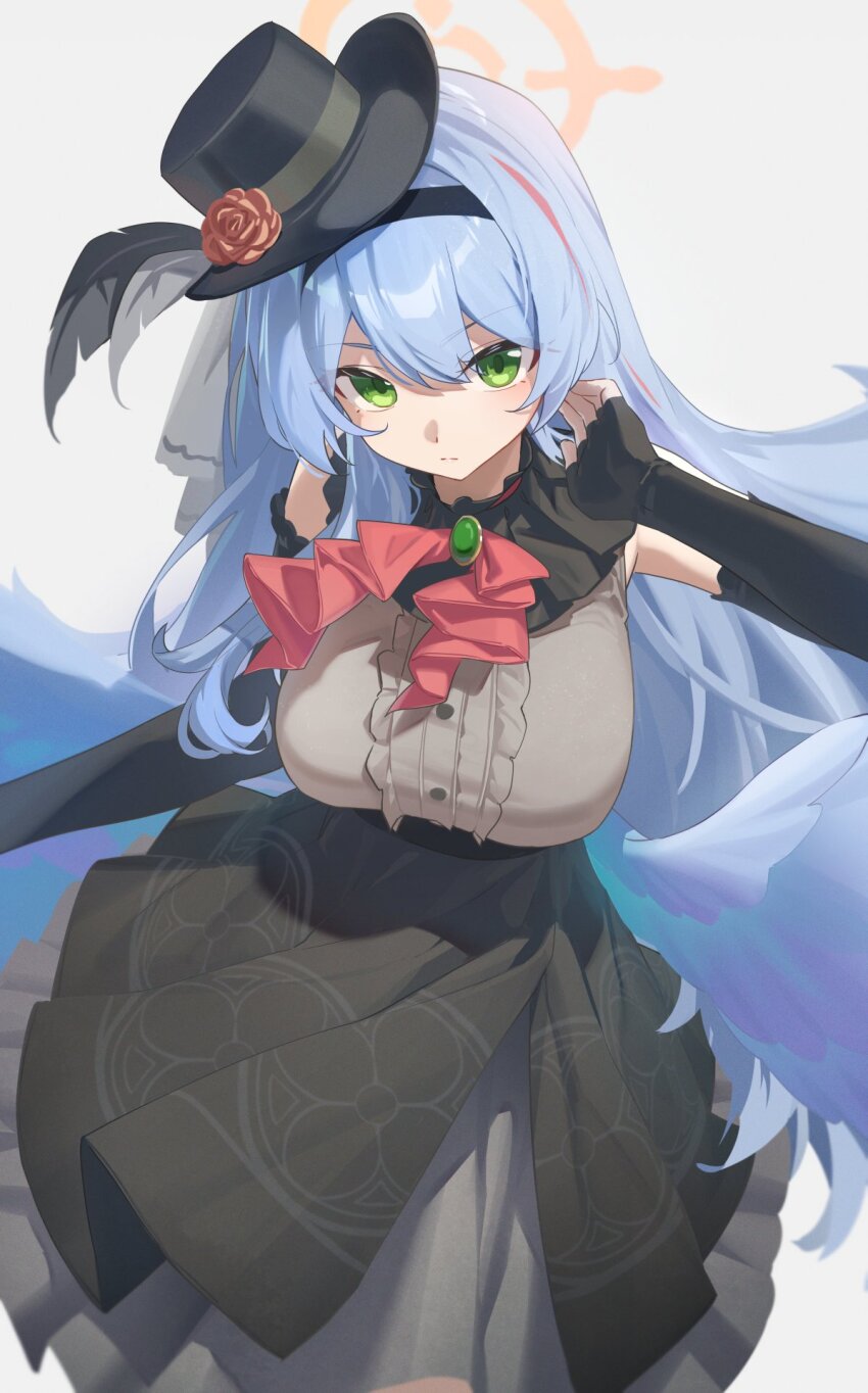 1girl arm_behind_head ascot bare_shoulders black_dress black_gloves black_hairband blue_archive blue_hair blue_wings breasts closed_mouth commentary_request dress elbow_gloves feathered_wings fingerless_gloves flower gloves green_eyes grey_dress hairband halo hand_up hashtag-only_commentary hat hat_flower highres large_breasts layered_dress long_hair looking_at_viewer low_wings mine_(blue_archive) mine_(idol)_(blue_archive) official_alternate_costume pointy_ears red_ascot red_flower red_rose reulem rose simple_background sitting sleeveless sleeveless_dress solo thighhighs top_hat unworn_headwear white_background wings yellow_halo