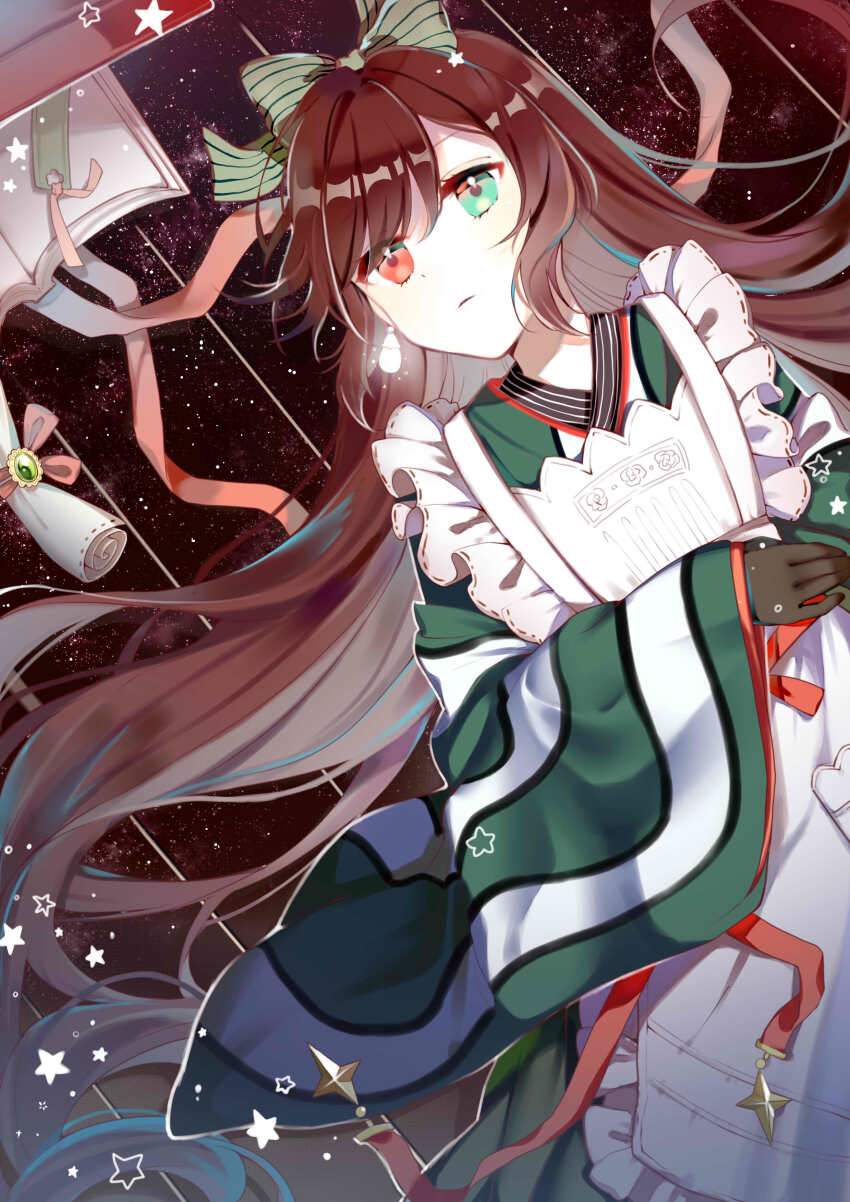 1girl absurdres apron black_gloves book bow brown_hair closed_mouth commentary cowboy_shot expressionless frilled_apron frills gloves green_bow green_eyes green_kimono hair_bow heterochromia highres japanese_clothes kakami_(pixiv7616827) kimono long_hair looking_at_viewer lying on_back open_book red_eyes rozen_maiden scroll solo striped_clothes striped_kimono suiseiseki taishou very_long_hair white_apron white_kimono wide_sleeves