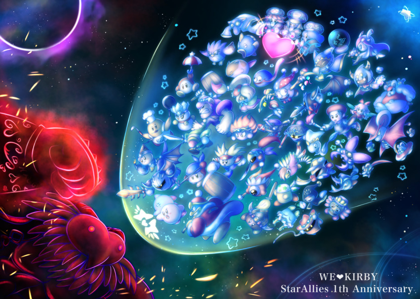 adeleine anniversary aura bandana bandana_waddle_dee bat_wings battle bio_spark birdon_(kirby) bonkers bugzzy cape chef_kawasaki como_(kirby) coo_(kirby) copyright_name dark_aura dark_meta_knight daroach ddddndn doc_(kirby) driblee english_text everyone fairy_wings flamberge_(kirby) francisca_(kirby) galaxia_(sword) glowing gooey_(kirby) gun hammer hat heart highres holding holding_polearm holding_weapon huge_filesize hyness jammerjab kine_(kirby) king_dedede kirby kirby:_star_allies kirby_(series) knuckle_joe magolor marx_(kirby) mask md5_mismatch meta_knight nintendo polearm poppy_bros_jr rayman_limbs resolution_mismatch ribbon_(kirby) rick_(kirby) single_eye source_larger space spear spinni spoilers squeakers star_(sky) star_(symbol) storo susie_(kirby) sword taranza vividria void_termina waddle_dee waddle_doo wand weapon wings