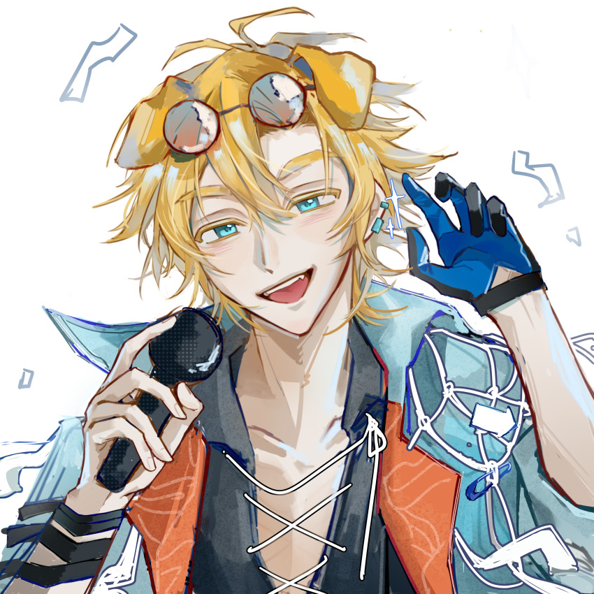 1boy absurdres animal_ears arknights bandaged_wrist bandages black_bandages black_gloves black_shirt blonde_hair blue-tinted_eyewear blue_eyes blue_gloves blue_jacket blush chinese_commentary commentary_request confetti dog_boy dog_ears ear_piercing earrings eyewear_on_head fangs gloves hair_between_eyes highres holding holding_microphone jacket jewelry looking_at_viewer male_focus messy_hair microphone open_clothes open_jacket open_mouth open_shirt piercing shirt shitizaishuohua43155 single_glove smile solo sparkle sunglasses teeth tequila_(arknights) tequila_(top_tier_live)_(arknights) thick_eyebrows tinted_eyewear tongue upper_body white_background white_string