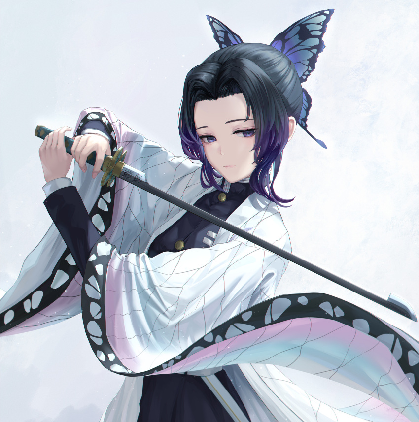 1girl absurdres black_hair butterfly_hair_ornament closed_mouth commentary demon_slayer_uniform expressionless gradient_hair hair_ornament haori highres holding holding_sword holding_weapon japanese_clothes kimetsu_no_yaiba kochou_shinobu looking_at_viewer multicolored_hair parted_bangs purple_eyes purple_hair sidelocks simple_background solo sword sword_writing tooku0 two-tone_hair updo upper_body weapon wide_sleeves