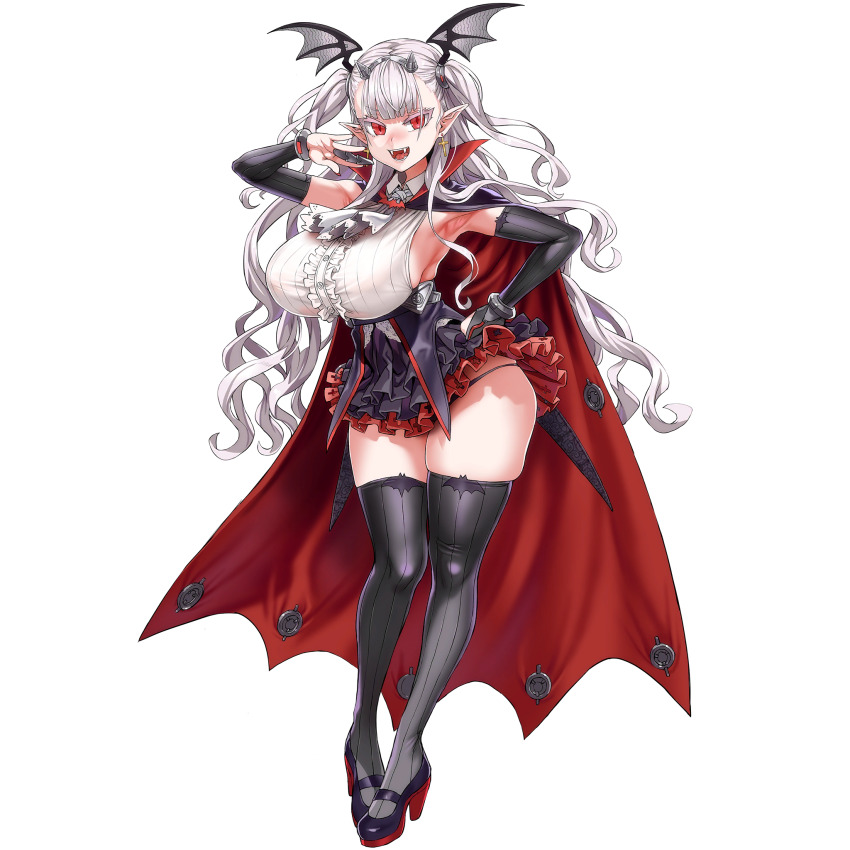 1girl armpits asanagi ascot black_panties black_shoes black_thighhighs breasts bridal_gauntlets cape cross cross_earrings draculina_(last_origin) dress earrings elbow_gloves fangs frills full_body game_cg gloves hairband head_wings high_heels highres huge_breasts jewelry last_origin long_hair mary_janes official_art open_mouth panties pointy_ears red_eyes shoes skindentation sleeveless sleeveless_dress solo tachi-e thighhighs third-party_source transparent_background two_side_up underwear vampire wavy_hair white_hair wings