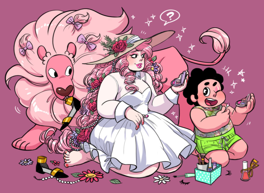 1boy 1girl brown_hair colored_skin curly_hair dress hat junkmix_(c2ndy2c1d) lion lion_(steven_universe) long_hair mane mother_and_son pink_skin rose_quartz_universe steven_quartz_universe steven_universe sun_hat very_long_hair white_dress