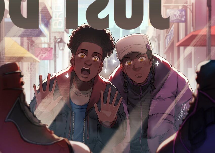 2boys afro air_jordan badge blue_shirt blush button_badge dark_skin down_jacket dreadlocks hat jacket lamppost looking_at_object male_focus marvel miles_g._morales miles_morales mozu_suka multiple_boys multiple_persona open_mouth shirt shop sparkle sparkling_eyes spider-man:_across_the_spider-verse spider-man_(series) spider-verse town very_dark_skin white_hat white_shirt window