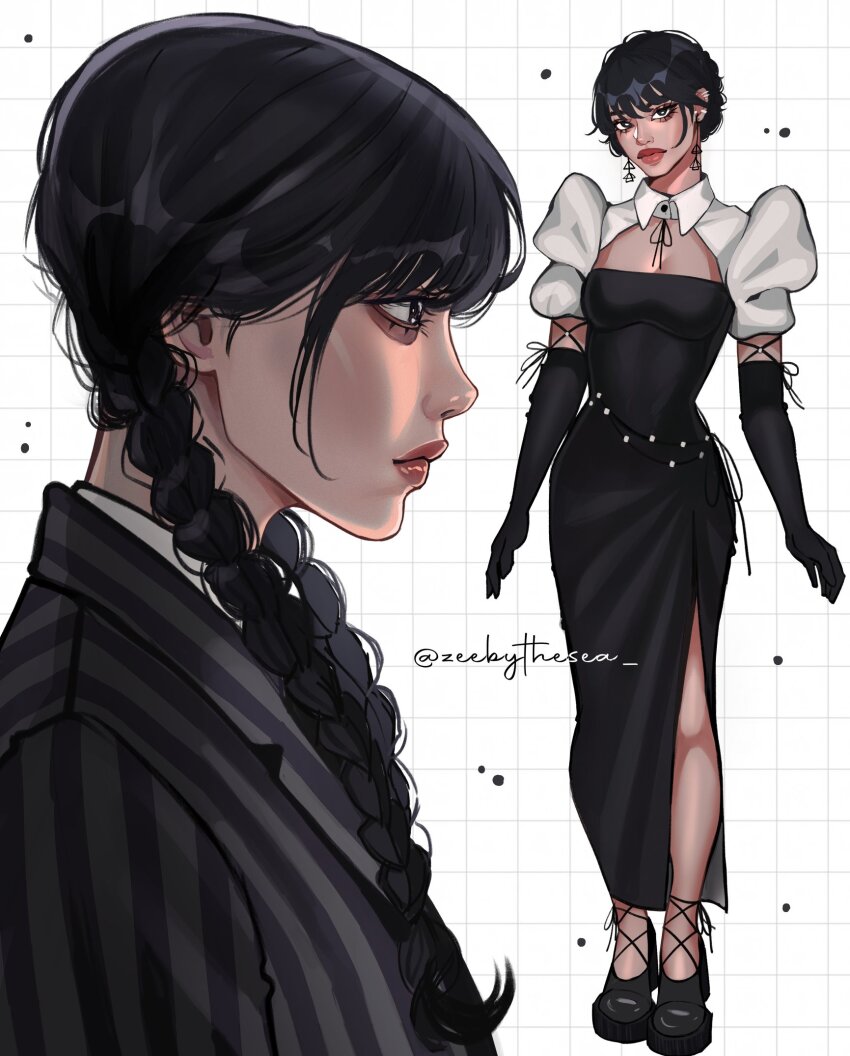 1girl aegyo_sal alternate_costume black_dress black_eyes black_gloves black_hair black_shoes blazer braid choppy_bangs collared_shirt collared_shrug dress ear_piercing earrings elbow_gloves eyelashes from_side gloves highres jacket jenna_ortega jewelry long_dress looking_at_viewer low_twin_braids multicolored_jacket multiple_views pearl_belt piercing platform_heels profile puffy_sleeves shirt shoes shrug_(clothing) side_slit standing striped_clothes striped_jacket tan the_addams_family thick_eyebrows thick_lips twin_braids twitter_username two-tone_jacket upper_body vertical-striped_clothes vertical-striped_jacket wednesday_(netflix) wednesday_addams white_background white_shrug zeebythesea