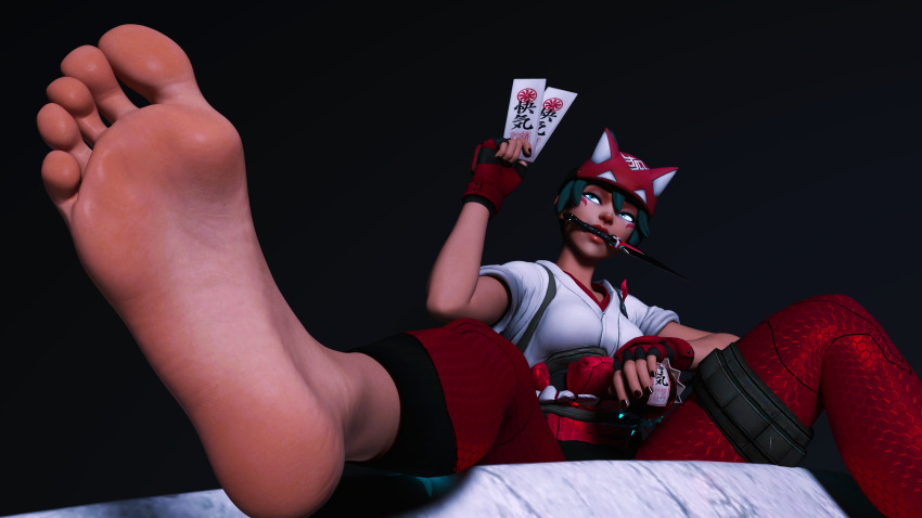 1girl absurdres barefoot feet foot_focus fulakenasi gloves highres kiriko_(overwatch) kunai medium_hair overwatch sitting soles solo toes weapon