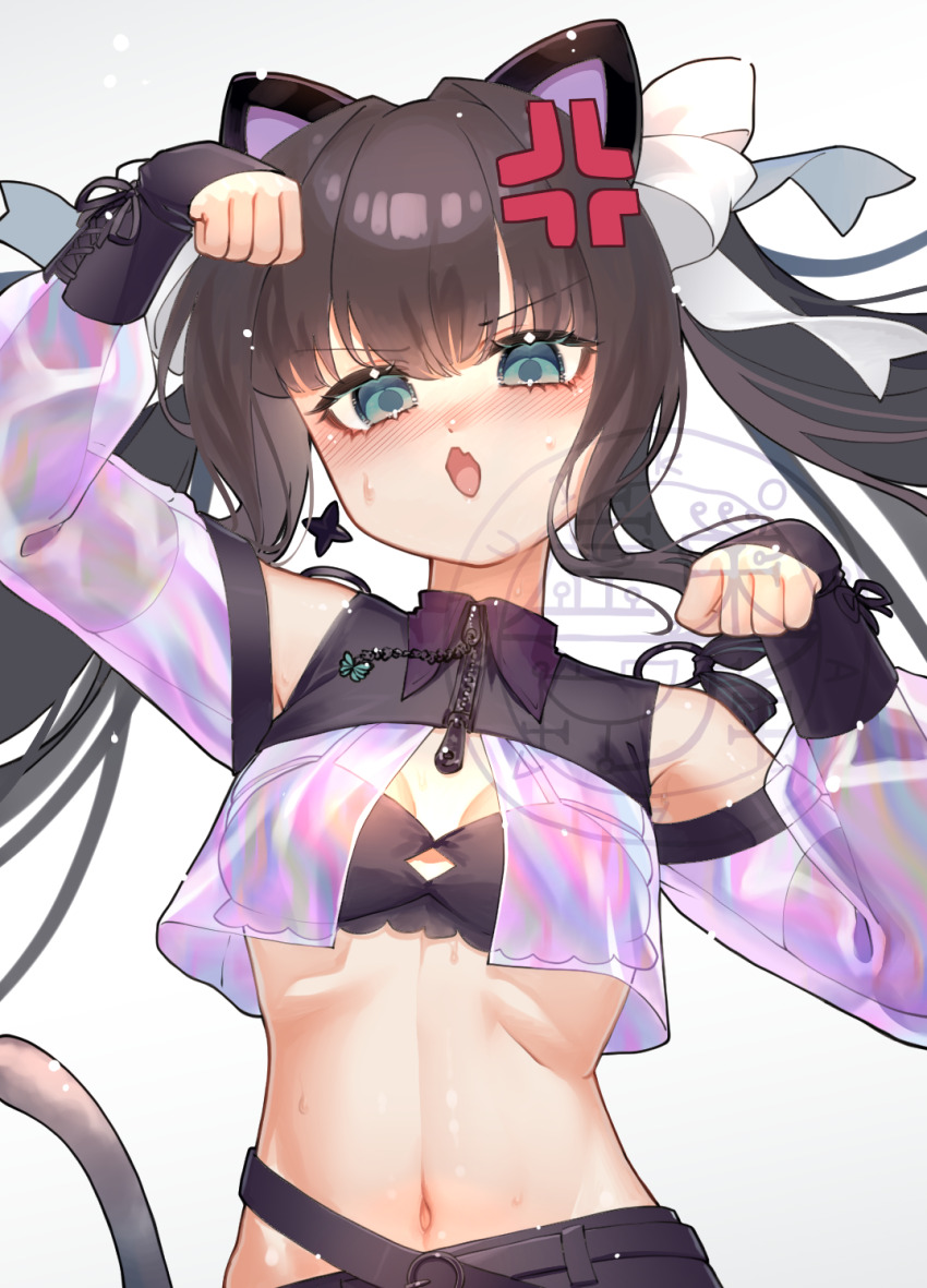 1girl :o anger_vein animal_ears arcaea arm_up arm_warmers bandeau bare_shoulders belt black_bandeau black_belt black_hair black_shorts blue_eyes blush bow breasts cat_ears cat_girl cat_tail cleavage clothing_cutout collared_shirt commentary_request cowboy_shot fang groin hair_between_eyes hair_bow highres long_hair long_sleeves looking_at_viewer medium_breasts midriff navel open_mouth paw_pose see-through_clothes see-through_sleeves shirt shorts shoulder_cutout sidelocks simple_background skin_fang sleeves_past_wrists solo standing sweat tail tairitsu_(arcaea) very_long_hair watermark white_background zipper zipper_pull_tab zonne=quael