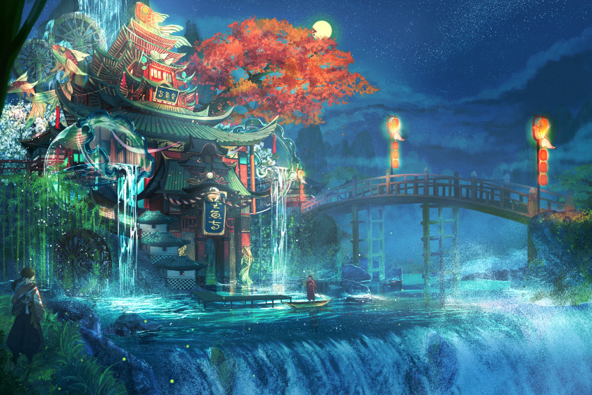 architecture azukimaru bamboo blue_sky bridge building cloud commentary_request east_asian_architecture fish full_moon goldfish grass highres lantern moon mountain night night_sky original paper_lantern pier rock scenery sky star_(sky) starry_sky tree water water_wheel waterfall wooden_bridge