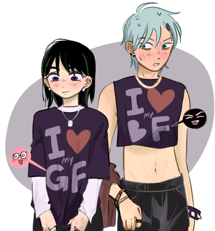 1boy 1girl alien_stage black_hair black_pants black_shirt blush bracelet clothes_writing crop_top earrings green_eyes grey_hair highres jewelry layered_shirt layered_sleeves long_sleeves motii necklace pants purple_eyes shirt short_over_long_sleeves short_sleeves sleeveless sleeveless_shirt spiked_bracelet spikes sua_(alien_stage) till_(alien_stage) white_shirt
