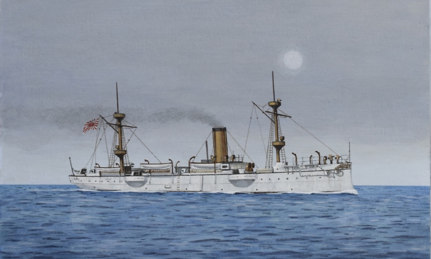 acrylic_paint_(medium) atelier_bono cannon commentary_request cruiser evening flag highres imperial_japanese_navy mast military_vehicle morning no_humans ocean original painting_(medium) rising_sun_flag ship ship_turret sky smoke smoke_trail smokestack sunburst takao_(protected_cruiser) traditional_media vehicle_focus warship watercraft