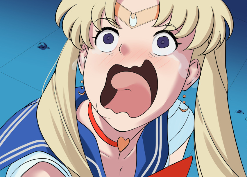 1girl bishoujo_senshi_sailor_moon blonde_hair blue_sailor_collar blush choker commentary crescent crescent_earrings crying crying_aqua_(meme) crying_with_eyes_open earrings eyelashes floating_earring heart heart_choker highres jewelry long_hair looking_at_viewer meme nose_blush open_mouth parted_bangs purple_eyes red_choker sailor_collar sailor_moon sailor_moon_redraw_challenge_(meme) solo tareme tearing_up tears tongue tongue_out tsutaro_(tsu_taro) twintails upper_body wavy_mouth wide-eyed