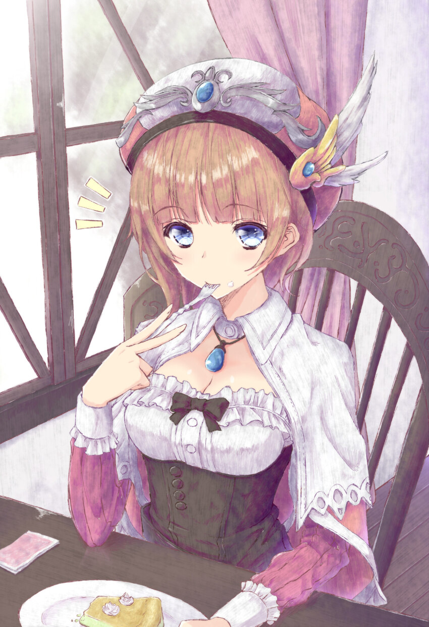1girl aramachi atelier_(series) atelier_rorona blue_eyes breasts brown_hair capelet chair cleavage closed_mouth commentary_request eating food fork hand_up hat highres holding holding_fork indoors jewelry long_sleeves looking_at_viewer necklace notice_lines pie pie_slice pink_hat plate rorolina_frixell short_hair sitting small_breasts solo table upper_body utensil_in_mouth white_capelet window