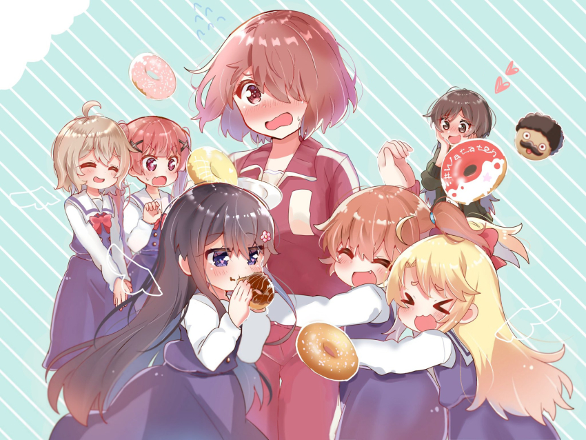 1boy 6+girls black_hair blonde_hair blue_background blue_dress blue_eyes blush bow brown_eyes brown_hair chest_bow closed_eyes cloud donut dress eating flower food green_shirt hair_bow hair_flower hair_ornament hands_on_own_cheeks hands_on_own_face heart higero_(wataten) highres himesaka_noa holding holding_food hoshino_hinata hoshino_miyako_(wataten) hug jacket konomori_kanon long_hair long_sleeves looking_at_another matsumoto_kouko multiple_girls one_eye_covered open_mouth own_hands_together pants pink_flower red_bow red_eyes red_hair red_jacket red_pants red_ribbon red_track_suit ribbon sailor_collar school_uniform shirosaki_hana shirt short_hair short_twintails three-quarter_sleeves tanemura_koyori track_jacket track_pants track_suit twintails watashi_ni_tenshi_ga_maiorita! white_sailor_collar white_sleeves xhfn4743