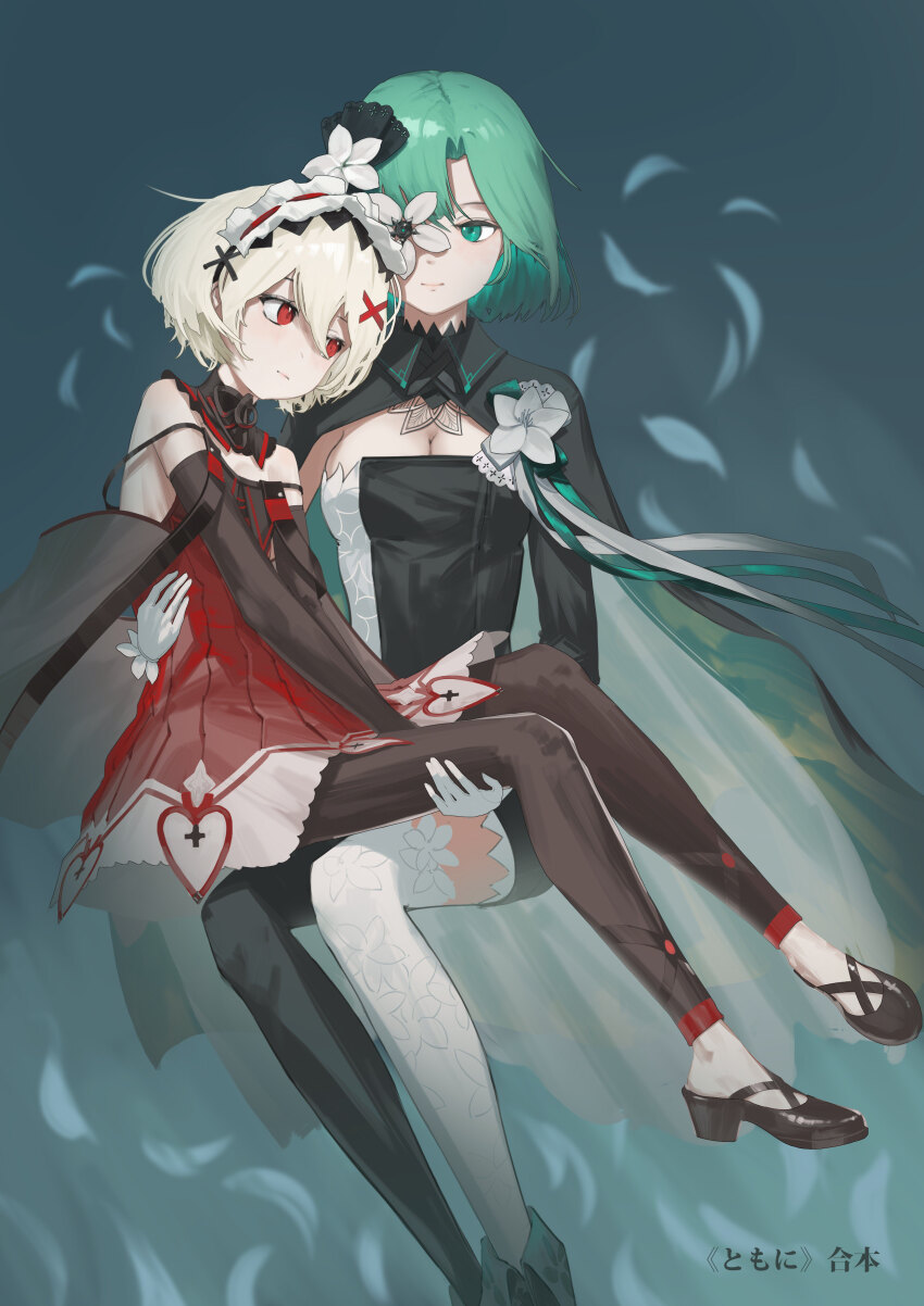 2girls absurdres aqua_eyes aqua_hair arcaea black_dress blonde_hair cape carrying carrying_person detached_collar dress flower flower_over_eye gloves hair_between_eyes hair_ornament highres maid_headdress multiple_girls red_dress red_eyes ronnie_choy saya_(arcaea) short_hair vita_(arcaea)