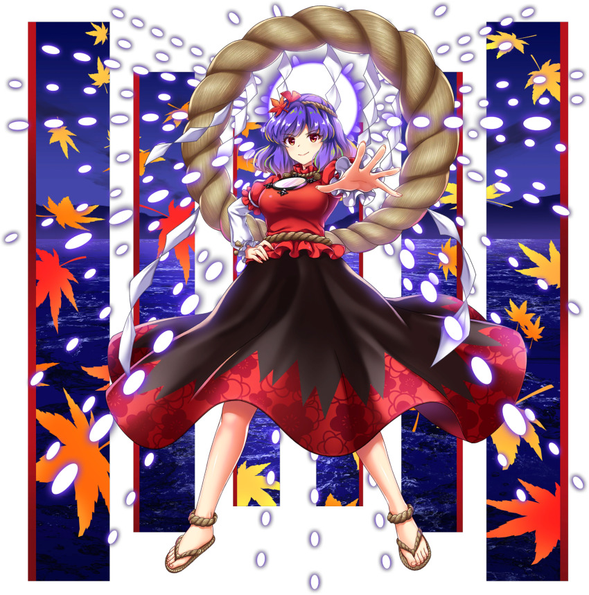 1girl autumn_leaves black_skirt breasts closed_mouth danmaku flip-flops floral_print full_body game_cg hair_ornament hand_on_own_hip highres large_breasts layered_sleeves leaf leaf_hair_ornament long_skirt long_sleeves looking_at_viewer maple_leaf mirror mountain_of_faith multicolored_skirt official_art outstretched_hand print_skirt purple_hair red_eyes red_shirt red_skirt rope rotte_(1109) sandals shide shimenawa shirt short_hair short_over_long_sleeves short_sleeves skirt smile solo third-party_source touhou touhou_lostword transparent_background yasaka_kanako yasaka_kanako_(faith)