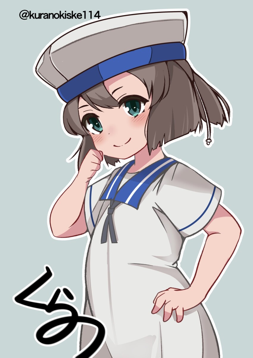 1girl artist_logo artist_name black_hair blue_background blue_sailor_collar bob_cut daitou_(kancolle) dress hat high_ponytail highres kantai_collection kurano_kisuke logo one-hour_drawing_challenge ponytail sailor_collar sailor_dress sailor_hat short_hair short_ponytail short_sleeves smile solo standing twitter_username white_dress white_hat