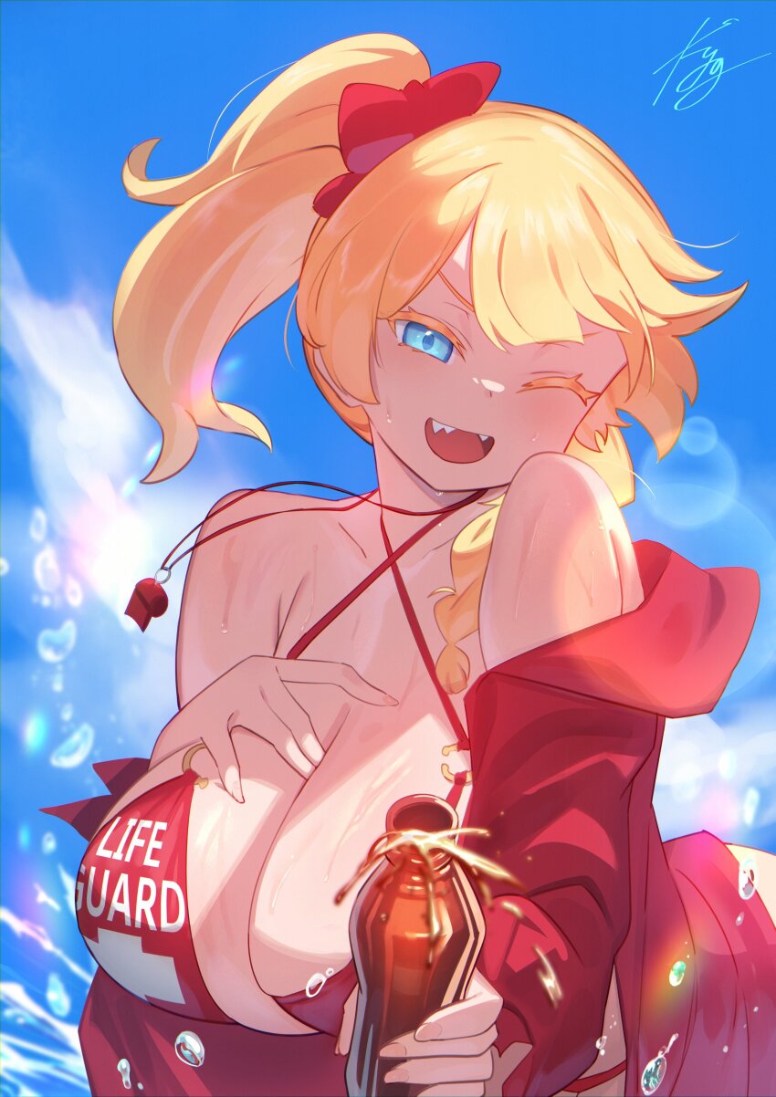 1girl absurdres bikini blonde_hair blue_eyes borrowed_character breasts cola colored_eyelashes florida-chan_(ryusei_hashida) florida_bikini highres hood hoodie huge_breasts long_hair looking_at_viewer off_shoulder open_mouth original red_bikini red_hoodie red_scrunchie sakazu_mekasuke scrunchie smile soda_bottle swimsuit upper_body