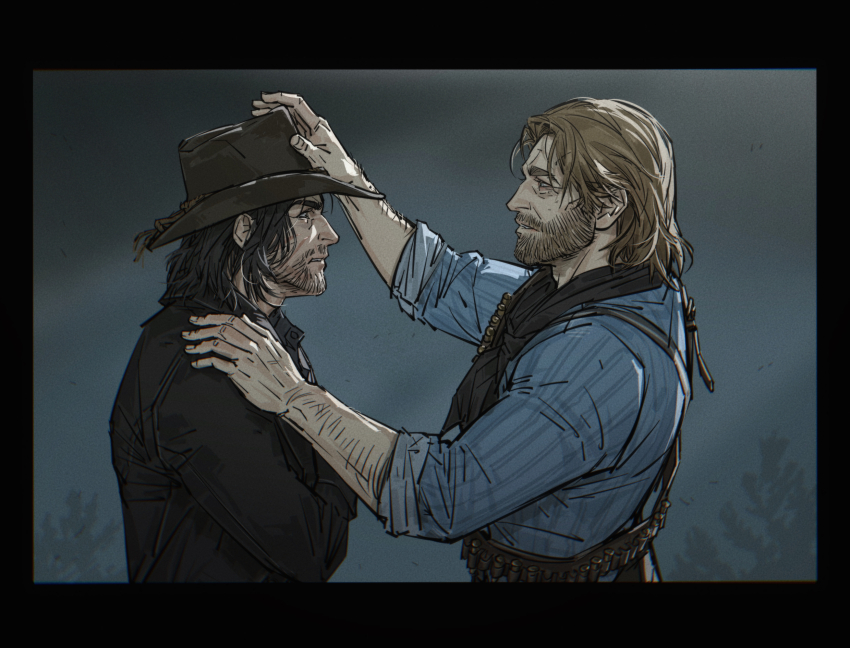 2boys arm_hair arthur_morgan beard black_border black_hair blue_shirt border cowboy_hat facial_hair from_side grimace hand_on_another&#039;s_head hat highres john_marston male_focus mature_male multiple_boys nyeigneous outdoors overcast parted_lips red_dead_redemption_(series) red_dead_redemption_2 shirt sky upper_body