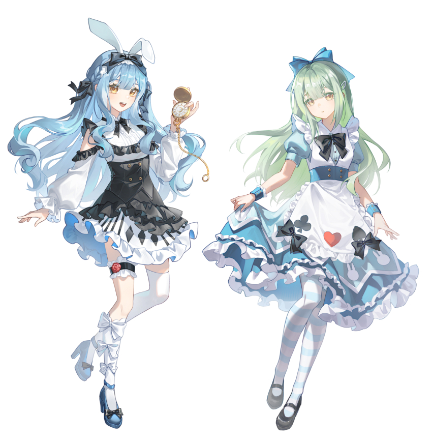 2girls :d alice_(alice_in_wonderland) alice_(alice_in_wonderland)_(cosplay) alice&#039;s_adventures_in_wonderland animal_ears animal_hairband animal_print apron arm_cutout asymmetrical_legwear bang_dream! bang_dream!_it&#039;s_mygo!!!!! black_bow black_bowtie black_corset black_dress black_ribbon blue_bow blue_dress blue_hair blue_pantyhose blue_sash blue_shoes blue_wrist_cuffs bow bow_hairband bow_legwear bowtie buttons club_(shape) commentary corset cosplay diamond_print dress dress_bow english_commentary fake_animal_ears floating floating_hair frilled_apron frilled_dress frilled_thigh_strap frills green_hair hair_between_eyes hair_bow hair_ornament hair_ribbon hairband hairclip heart heart_print high_heels highres holding holding_pocket_watch kneehighs layered_dress long_hair long_sidelocks long_sleeves looking_at_viewer maoerduo_meow multiple_girls open_mouth pantyhose parted_lips pocket_watch print_apron print_dress puffy_long_sleeves puffy_short_sleeves puffy_sleeves rabbit_ears rabbit_print ribbon sash shoes short_dress short_sleeves sidelocks simple_background single_kneehigh single_sock single_thighhigh skirt_hold smile socks spade_(shape) striped_clothes striped_pantyhose teeth thigh_strap thighhighs togawa_sakiko two-tone_dress two-tone_pantyhose uneven_legwear upper_teeth_only very_long_hair wakaba_mutsumi watch wavy_hair wavy_sidelocks white_apron white_background white_dress white_hairband white_pantyhose white_rabbit_(alice_in_wonderland) white_rabbit_(alice_in_wonderland)_(cosplay) white_socks white_thighhighs wrist_cuffs yellow_eyes