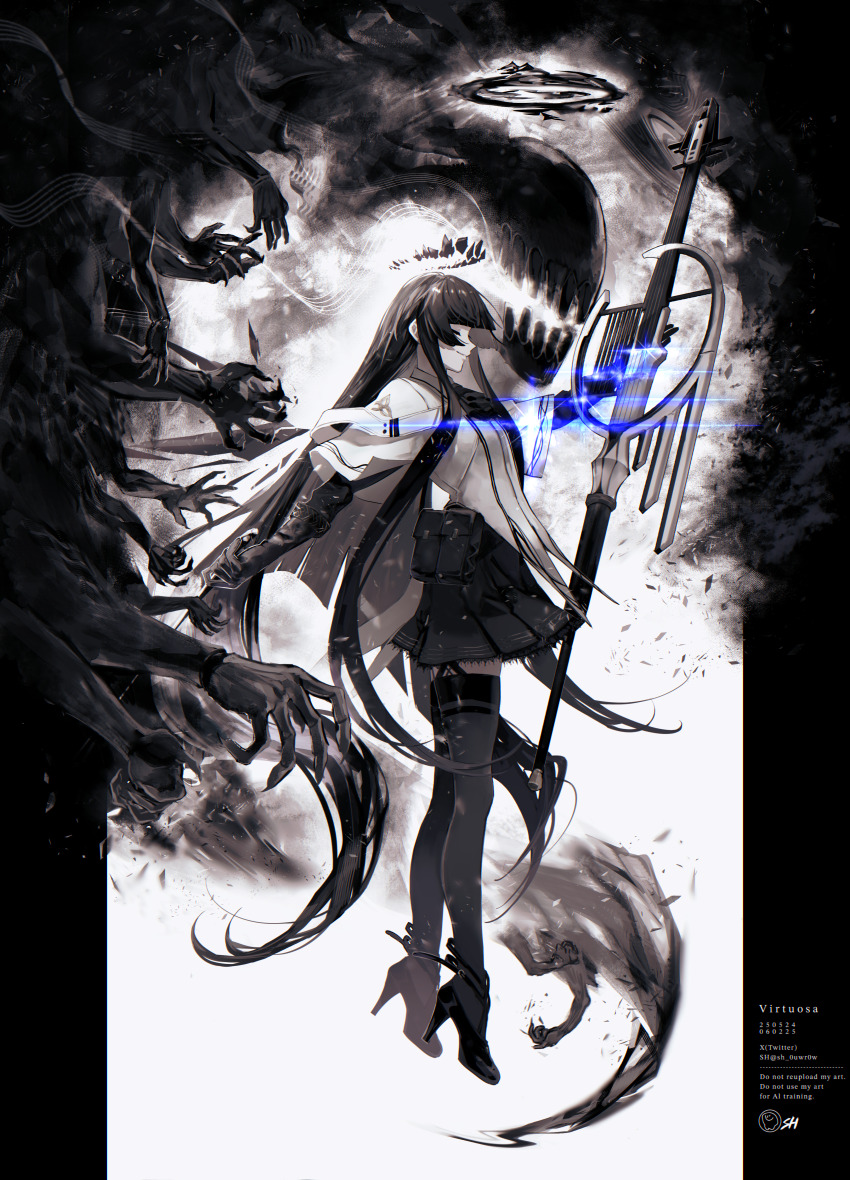 1girl 6546hr_o0 absurdly_long_hair absurdres arknights arm_up ascot blunt_bangs breasts cello closed_eyes closed_mouth commentary darkness detached_wings elbow_gloves facing_ahead floating floating_hair full_body garter_straps gloves greyscale halo high_heels highres holding holding_instrument instrument lace lace-trimmed_skirt lace_trim layered_sleeves long_hair long_sleeves magic miniskirt monochrome monster pouch profile shirt shoes short_over_long_sleeves short_sleeves sidelocks skirt small_breasts solo spot_color strappy_heels tailcoat thighhighs very_long_hair virtuosa_(arknights) watermark wide_sleeves wings zettai_ryouiki