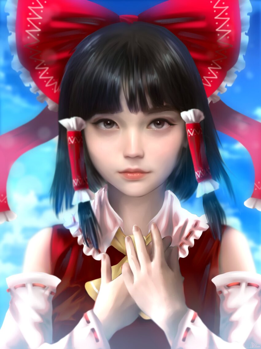 1girl ascot bad_id bad_twitter_id bare_shoulders black_hair blue_sky bob_cut bow closed_mouth cloud collared_vest commentary day detached_sleeves english_commentary expressionless eyelashes fingernails frilled_bow frilled_hair_tubes frilled_vest frills grey_eyes hair_bow hair_tubes hakurei_reimu hands_on_own_chest highres light_blush lips long_sleeves looking_at_viewer luo_qiangwei outdoors own_hands_together realistic red_bow red_lips red_vest ribbon-trimmed_sleeves ribbon_trim short_hair sky solo straight-on thick_eyebrows touhou upper_body vest white_sleeves yellow_ascot