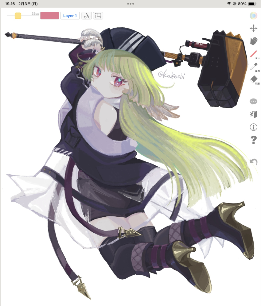 1girl arknights art_program_in_frame black_boots black_thighhighs boots closed_mouth commentary_request full_body green_hair hammer high_heel_boots high_heels highres hiyu_(kakeobi) holding holding_hammer holding_weapon jumping knee_boots long_hair looking_at_viewer pink_eyes poncirus_(arknights) shoe_soles sledgehammer solo strap thighhighs twitter_username unfinished weapon