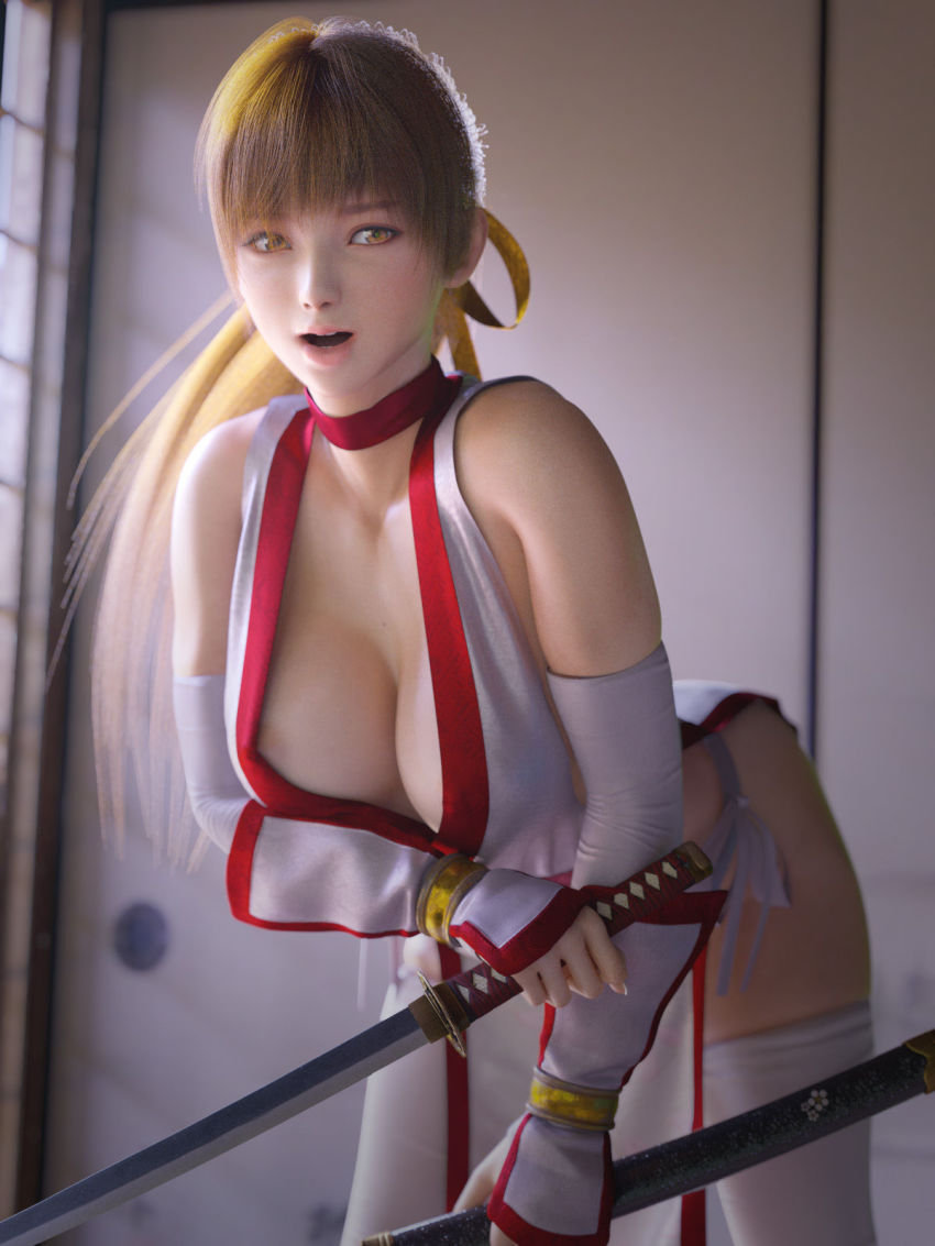 1girl 3d areola_slip bare_shoulders breasts brown_eyes brown_hair collarbone female_focus highres incise_soul japanese_clothes kasumi_(doa) leaning_forward long_hair m-rs medium_breasts ninja panties solo standing tagme thighhighs underwear upper_body white_panties