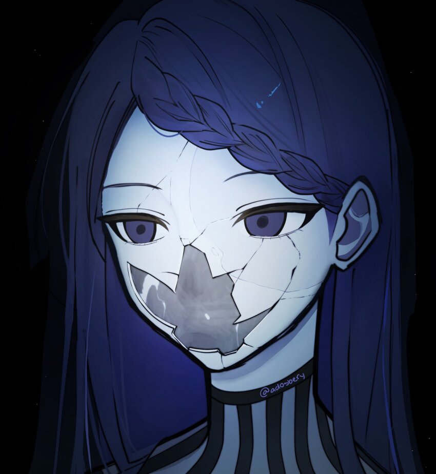 1girl ado_(utaite) black_background blu_(adosbery) blue_eyes blue_hair braid braided_bangs gira-gira-chan_(ado) gira_gira highres light_particles long_hair madra_(album) portrait solo twitter_username