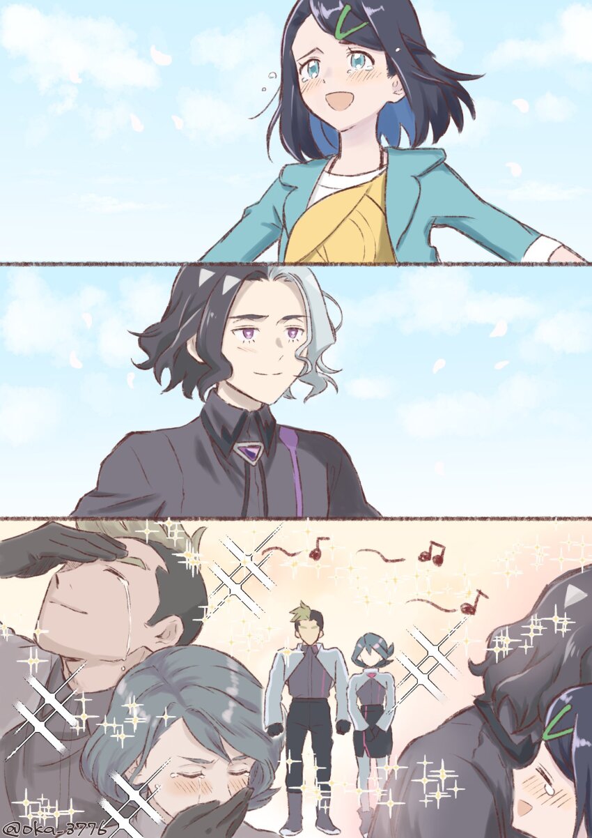 2boys 2girls 3koma amethio_(pokemon) black_hair black_ribbon blush closed_eyes collared_shirt comic commentary_request day gloves green_eyes green_jacket hair_ornament hairclip happy_tears highres jacket liko_(pokemon) medium_hair multiple_boys multiple_girls musical_note neck_ribbon nintendo oka_3776 onia_(pokemon) open_clothes open_jacket outdoors pokemon pokemon_(anime) pokemon_horizons purple_eyes ribbon shirt sparkle symbol-shaped_pupils tears three-quarter_sleeves white_shirt yellow_bag zirc_(pokemon)