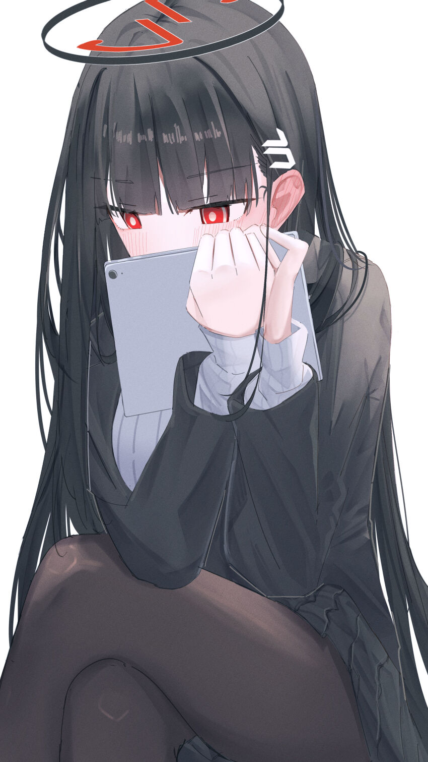 1girl absurdres averting_eyes black_hair black_jacket black_pantyhose black_skirt blue_archive blush commentary_request covering_own_mouth crossed_legs ear_blush embarrassed grey_sweater hair_ornament halo hands_up highres holding holding_tablet_pc jacket leonardo_566 long_hair long_sleeves miniskirt pantyhose pleated_skirt red_eyes red_halo ribbed_sweater rio_(blue_archive) simple_background sitting skirt solo sweater tablet_pc white_background