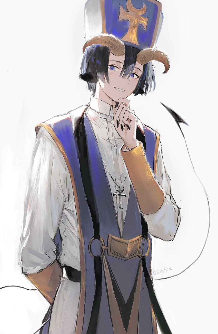 1boy absurdres animal_ears arm_behind_back black_nails blue_eyes blue_hair commentary_request demon_cleric demon_tail fingernails goat_boy goat_ears goat_horns grey_background hand_on_own_face hat highres horns long_fingernails male_focus maou-jou_de_oyasumi nail_polish short_hair simple_background smile solo suechimu tail